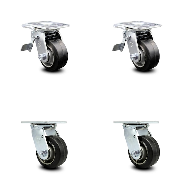4 Inch Rubber on Aluminum Caster Set with Ball Bearings 2 Brake 2 Swivel Lock